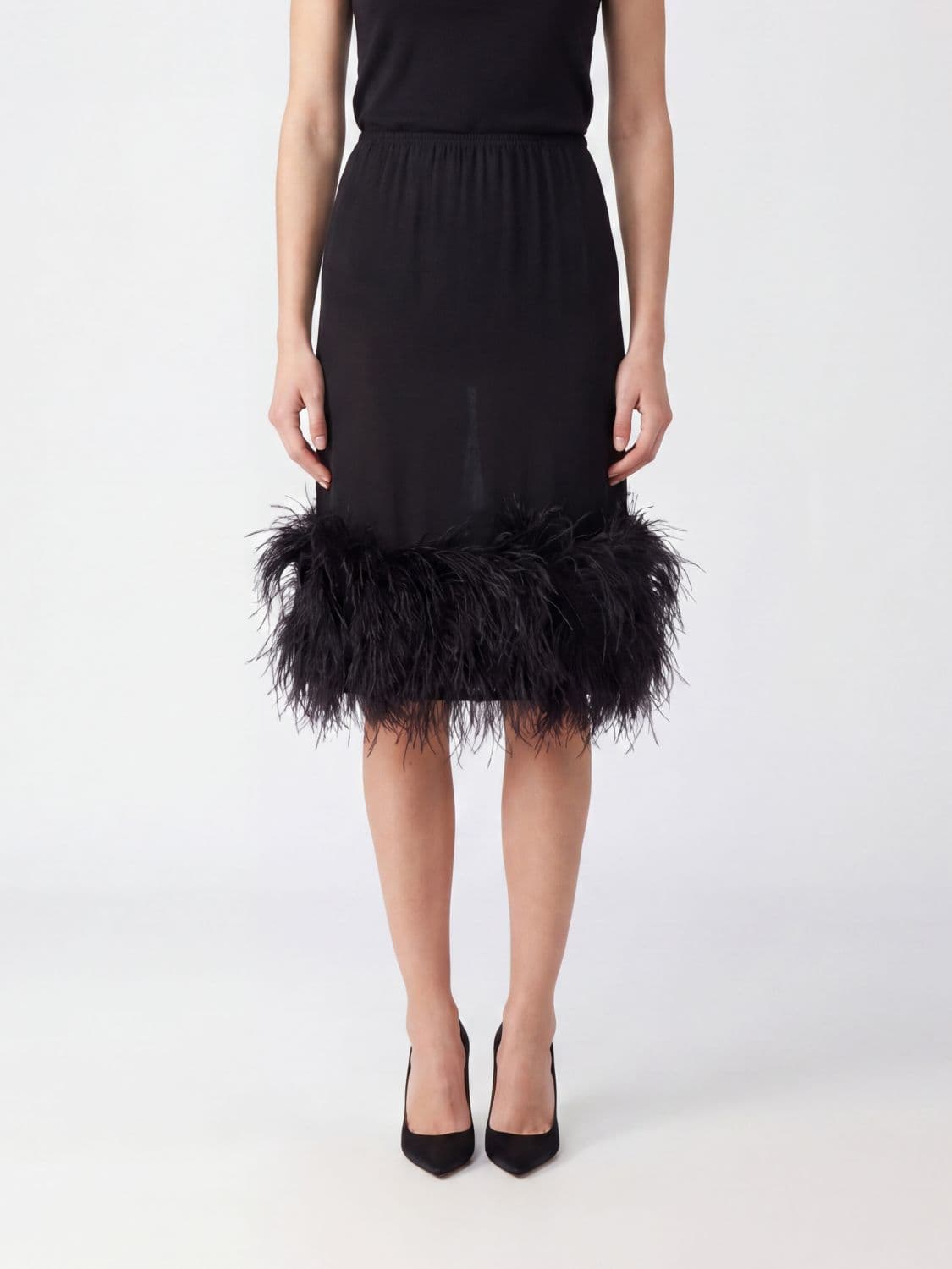Semicouture Satin Midi Pencil Skirt with Feather Application