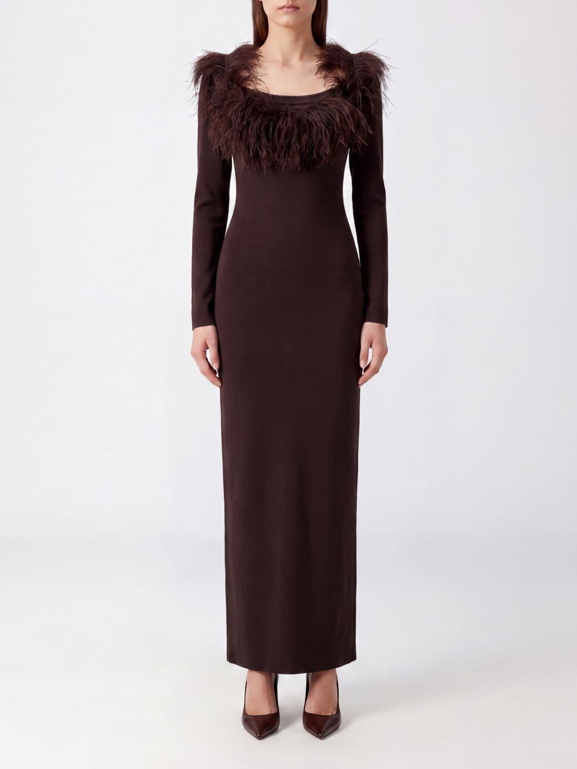 The Attico Feather-Embellished Leather Long Evening Gown
