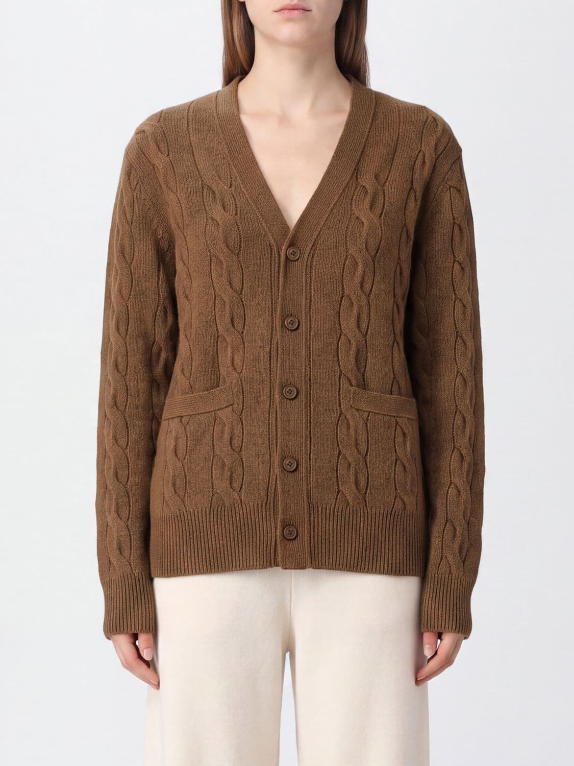 Ami Paris V-Neck Merino Wool Cardigan with Patch Pockets