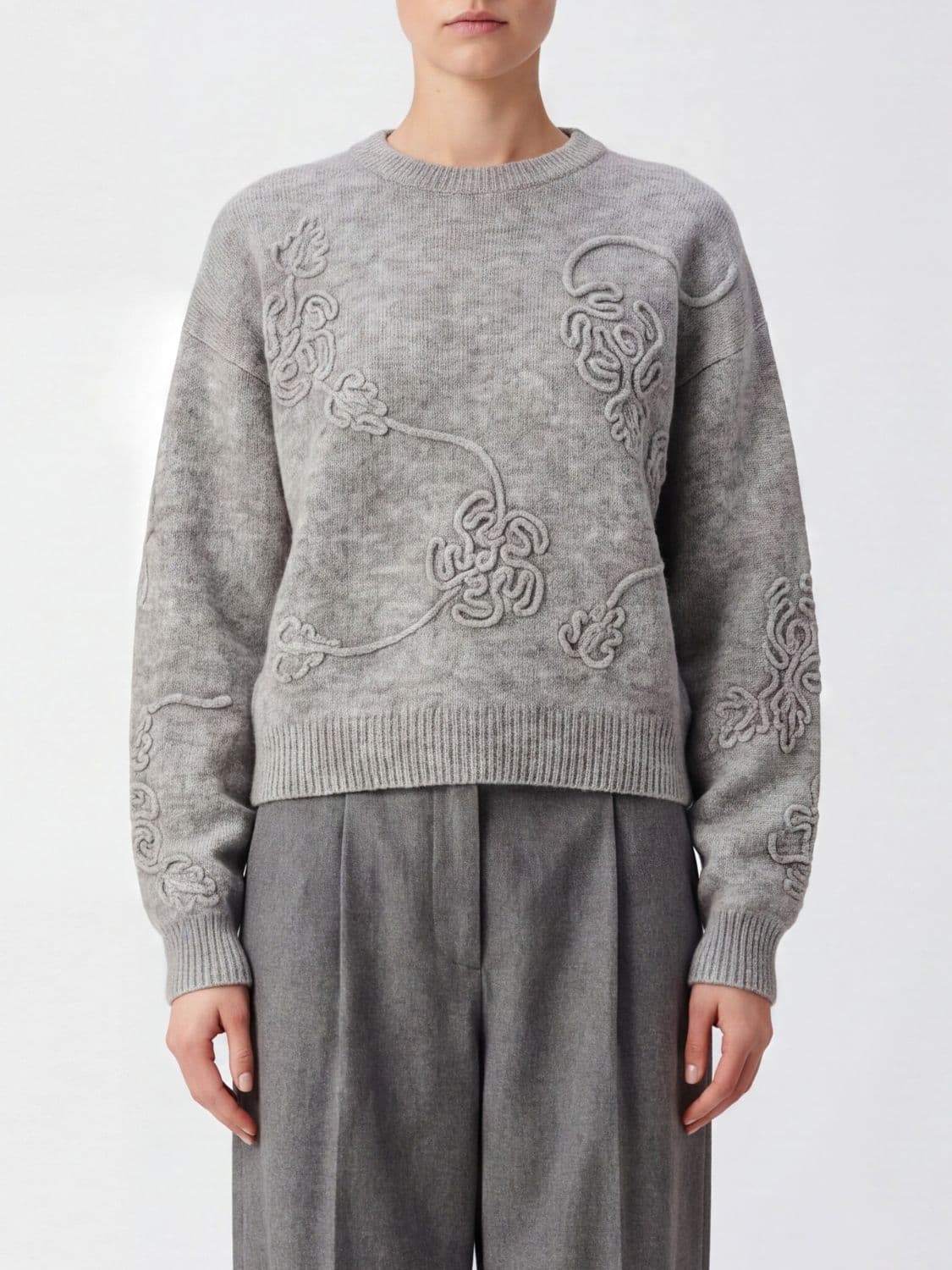 Rotate Relaxed Fit Crewneck Jumper in Wool and Alpaca Blend with Embroidery