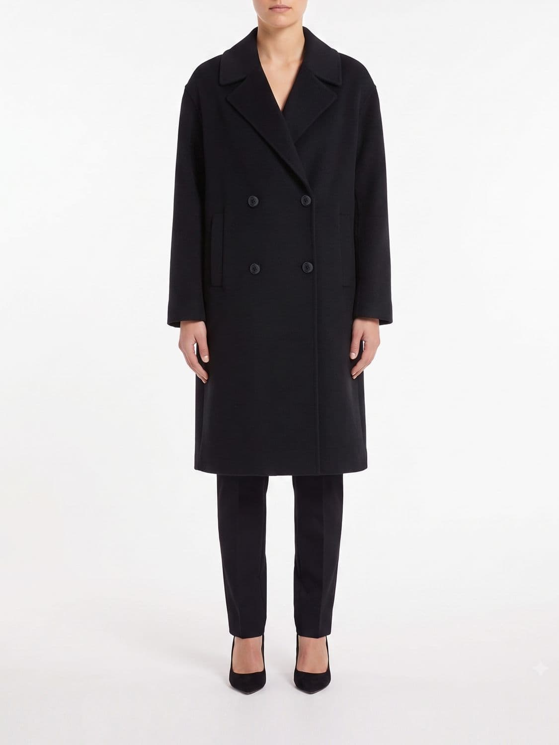 Twinset Double-Breasted Knee-Length Wool Coat with Lapels and Welt Pockets