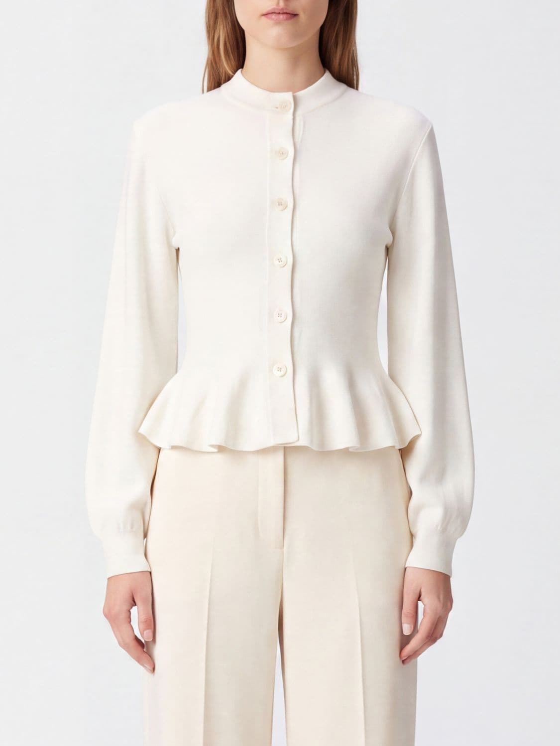 Rotate Slim Fit Wool and Cashmere Blend Cardigan with Ruffled Hem