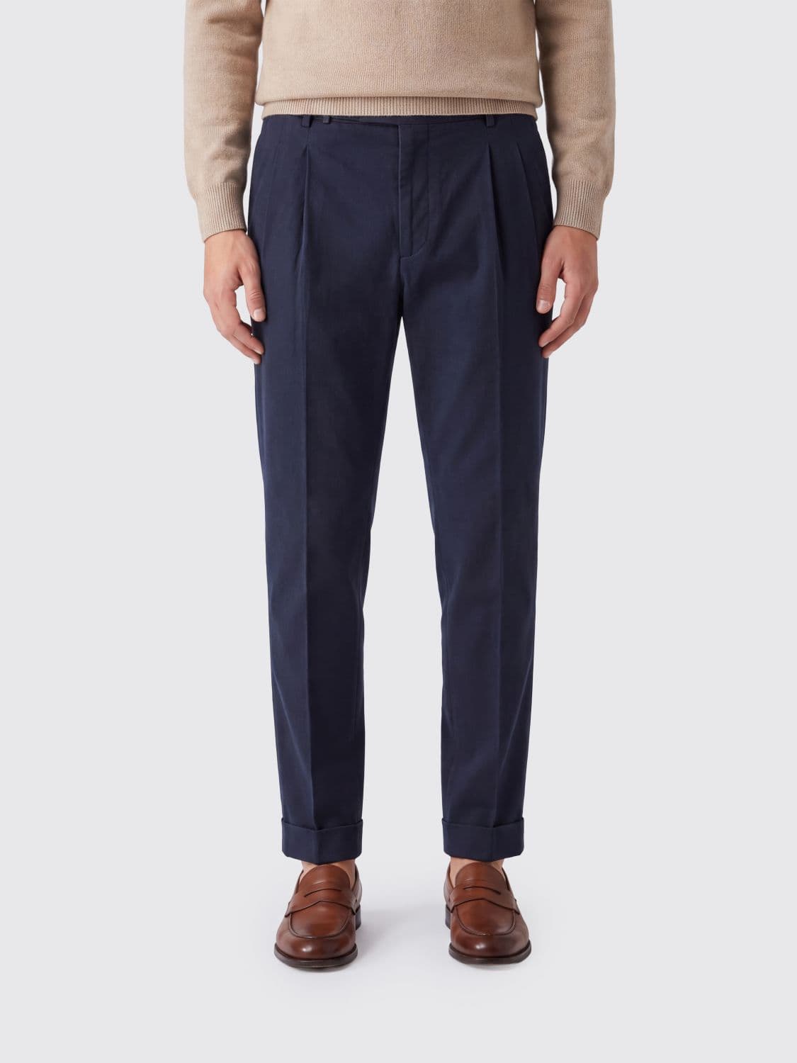 Pt Torino Slim Fit Pleated Tailored Trousers in Cotton and Virgin Wool