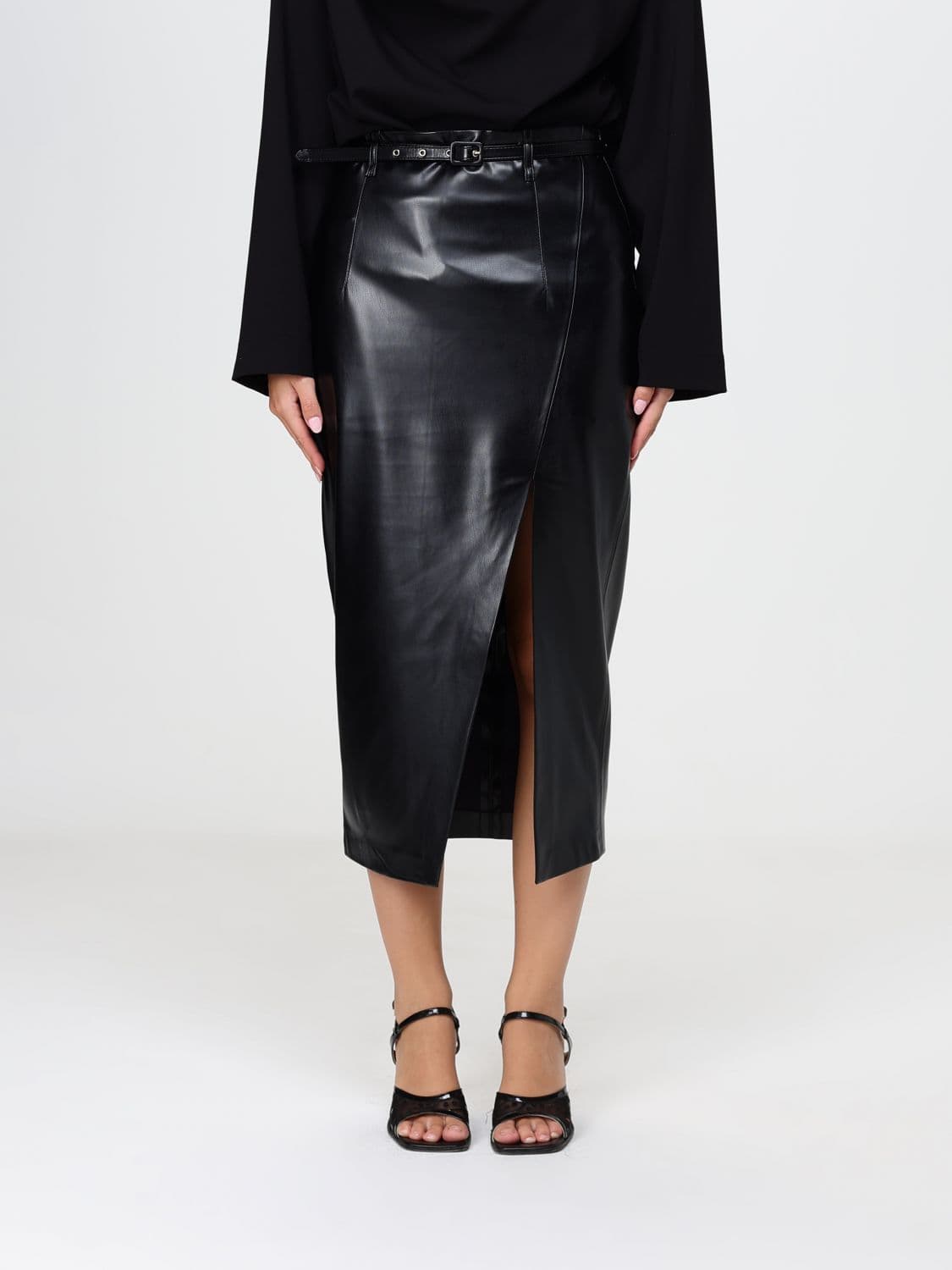 Simona Corsellini High-Waisted Faux Leather Pencil Skirt with Front Slit
