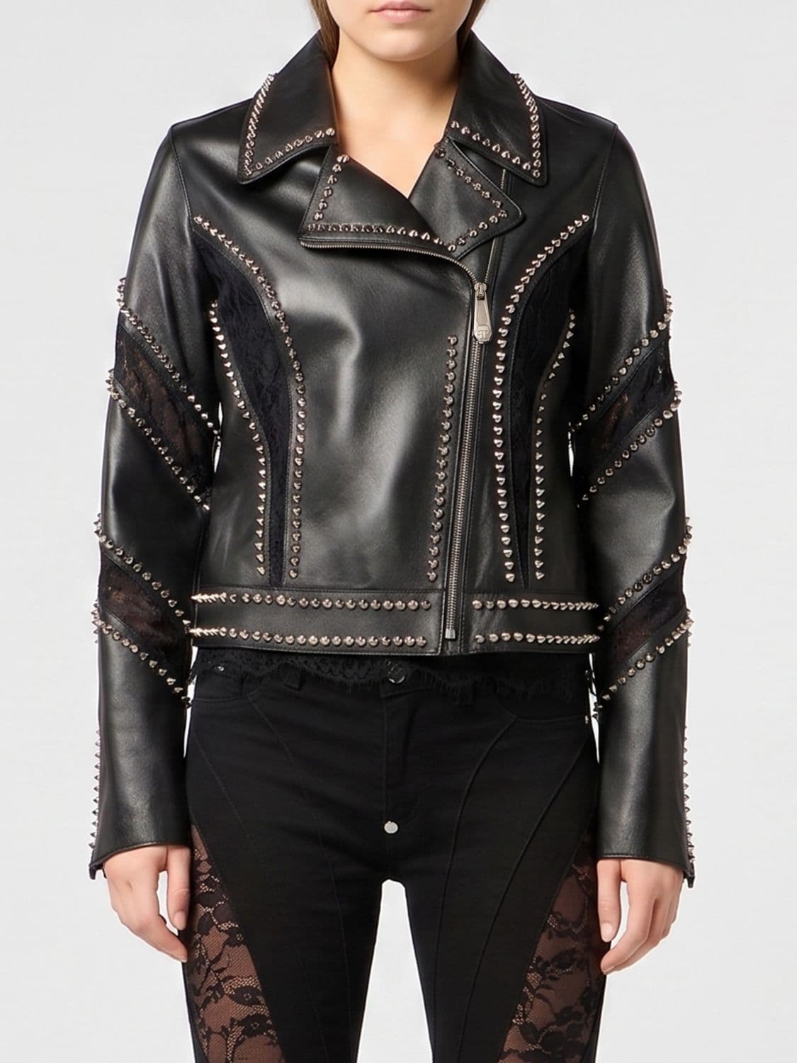 Philipp Plein Cropped Studded Lambskin Biker Jacket