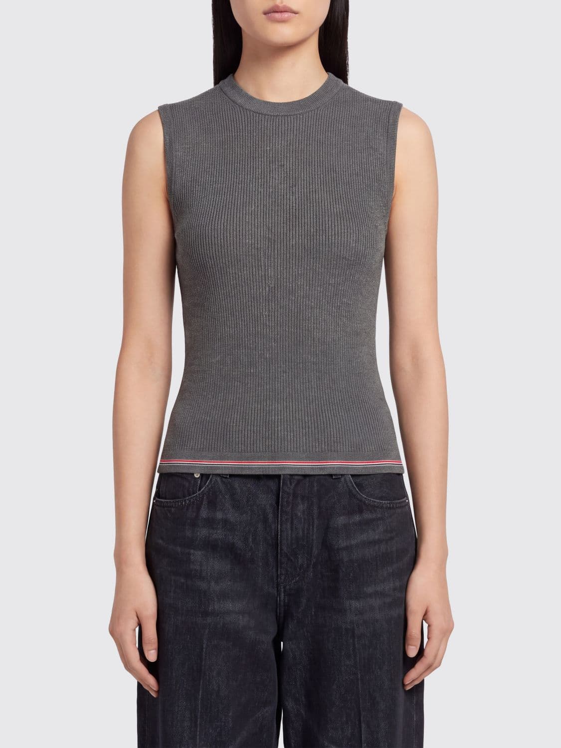 Thom Browne Slim Fit Wool Knit Top with Iconic Contrasting 4-Bar