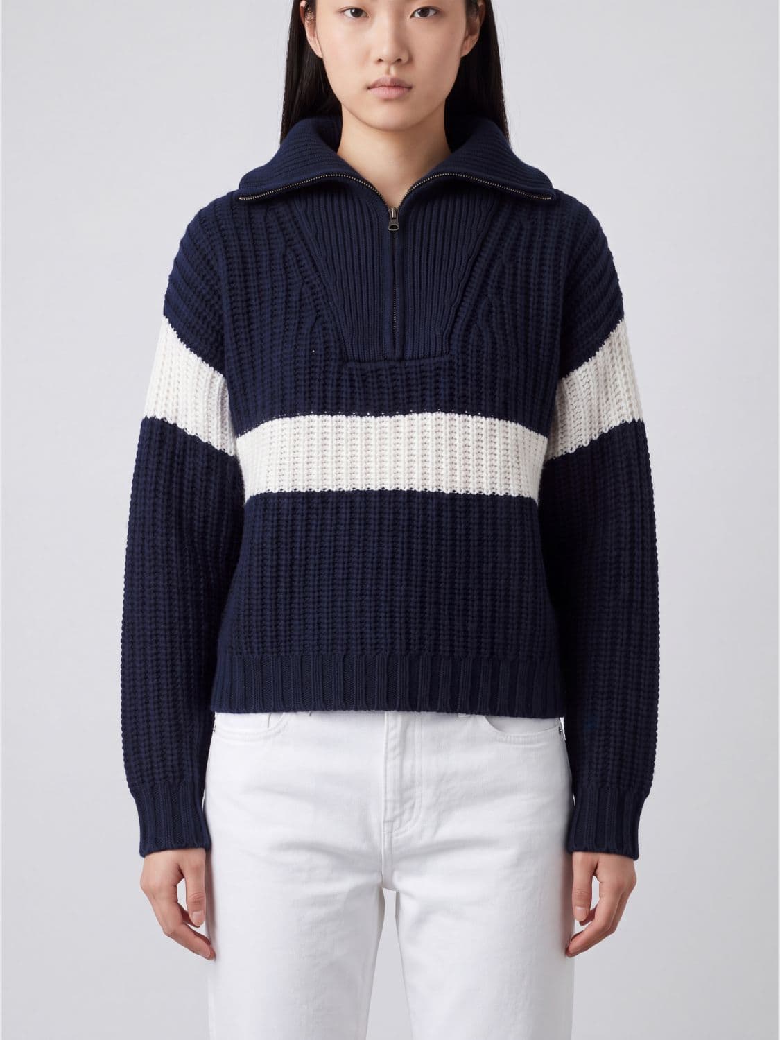Lisa Yang Bicolour Abstract Pattern Cashmere Zip Neck Jumper