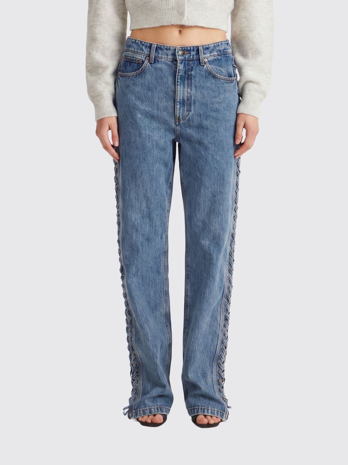 Rotate Mid-Rise Straight Jeans in Denim with Woven Straps