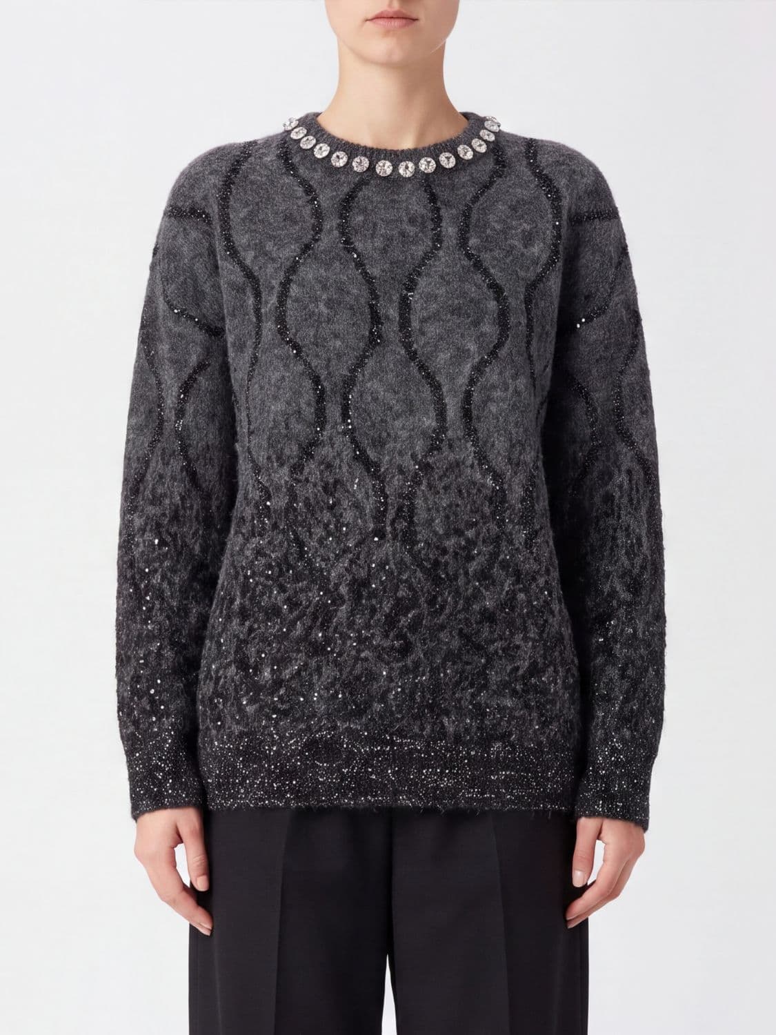 Pinko Crystal-Embellished Wool Blend Crewneck Jumper