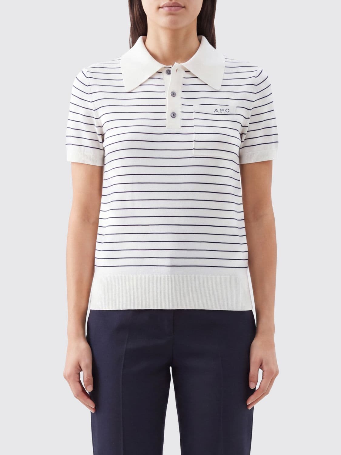 A.p.c. A. P.C. Striped Knit Cotton Polo Shirt with Short Sleeves and Patch Pocket