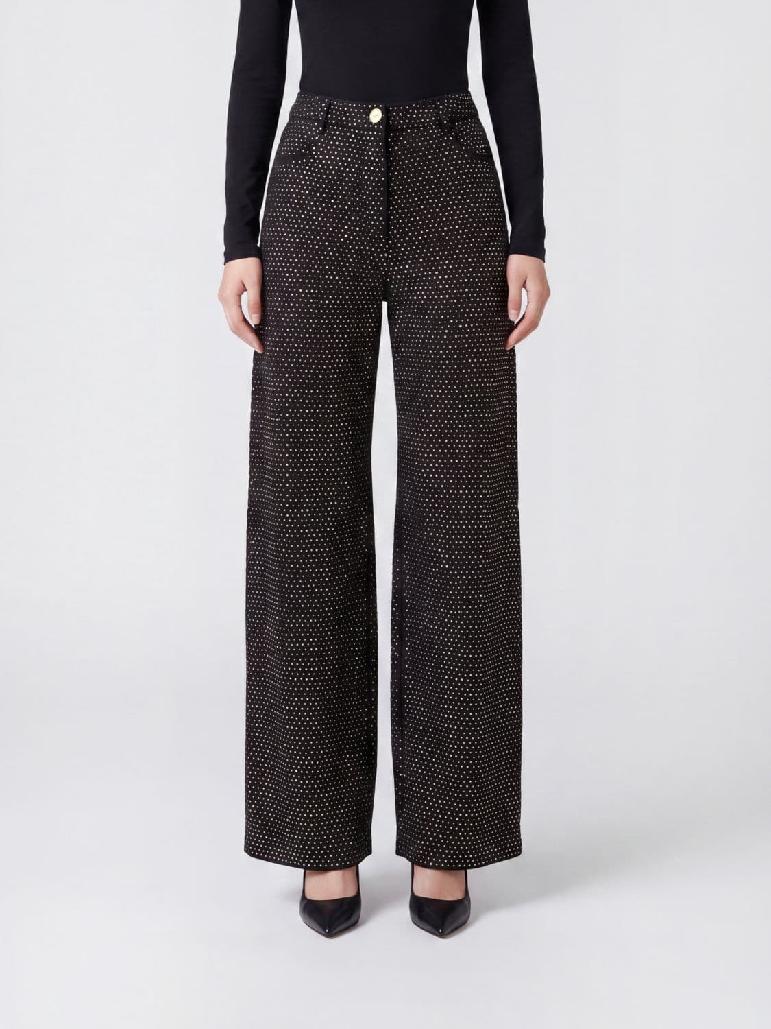 Elisabetta Franchi High-Waist Baggy Jeans in Denim with Rhinestones and Embroidery
