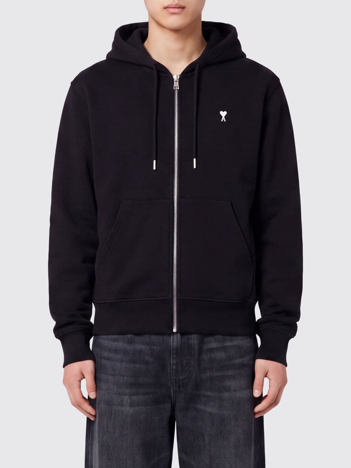 Ami Paris Cotton Zip-Up Hoodie with Kangaroo Pocket and Logo