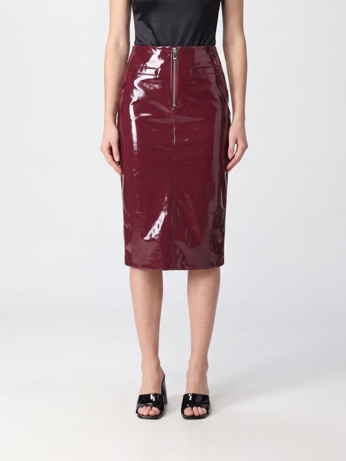 Self-Portrait High-Waisted Patent-Effect Midi Pencil Skirt in Cotton