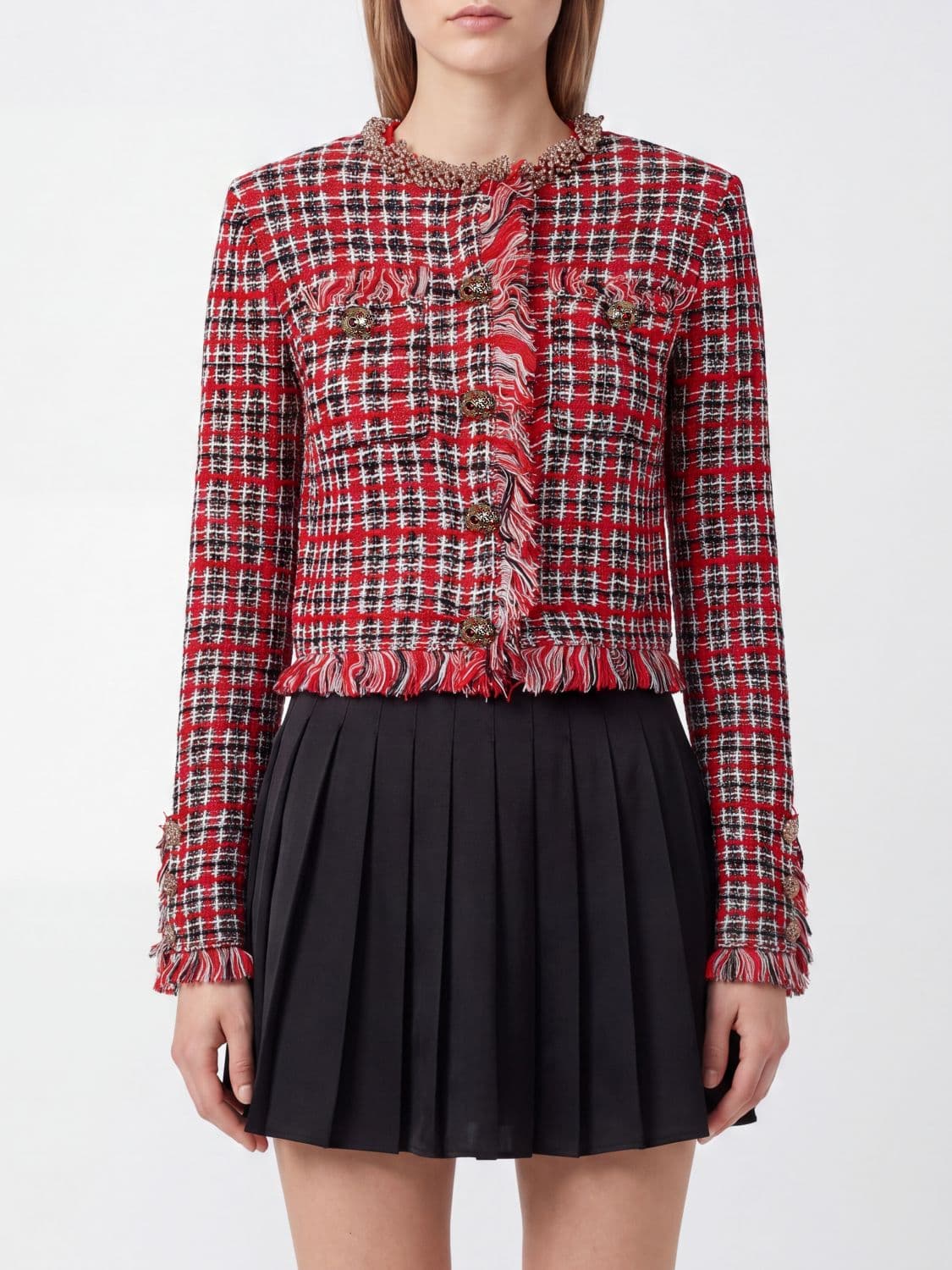 Self-Portrait Cropped Check Tweed Blazer with Crew Neck and Fringed Hem