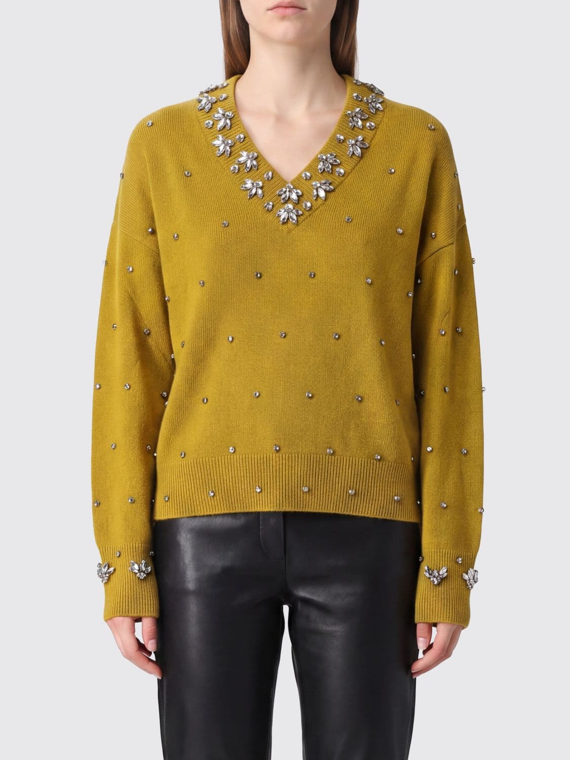 Pinko Pure Cashmere V-Neck Jumper with Crystal Embroidery