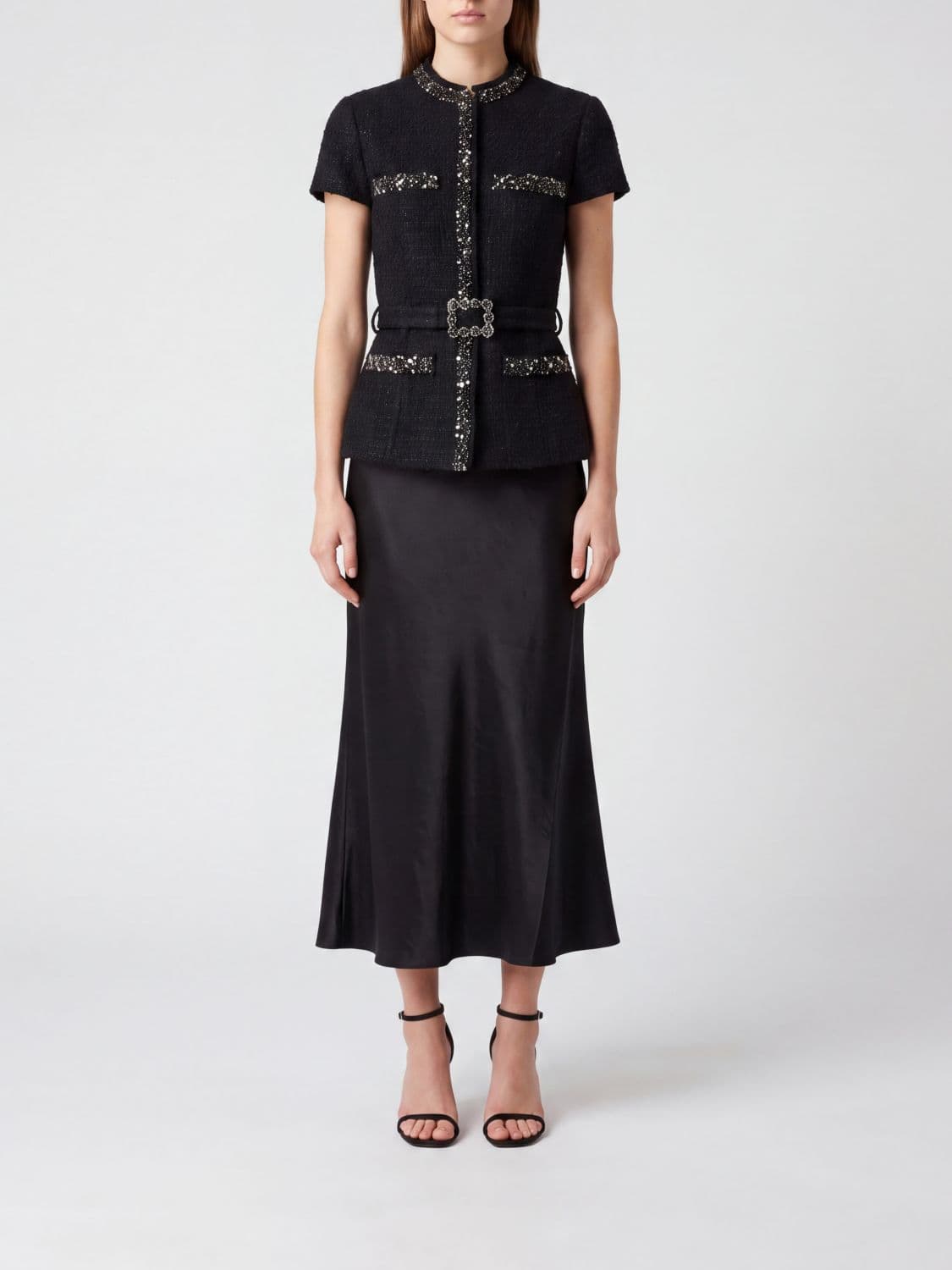 Self-Portrait Slim Fit Crêpe Midi Shirtdress with Jewelled Belt
