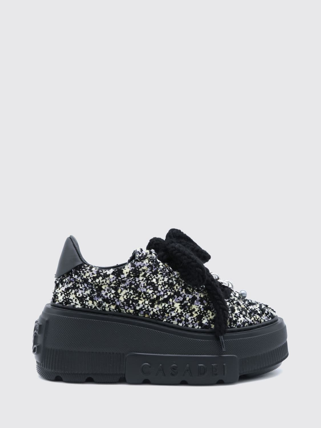Casadei Abstract Pattern Tweed Platform Sneakers with Wedge Sole
