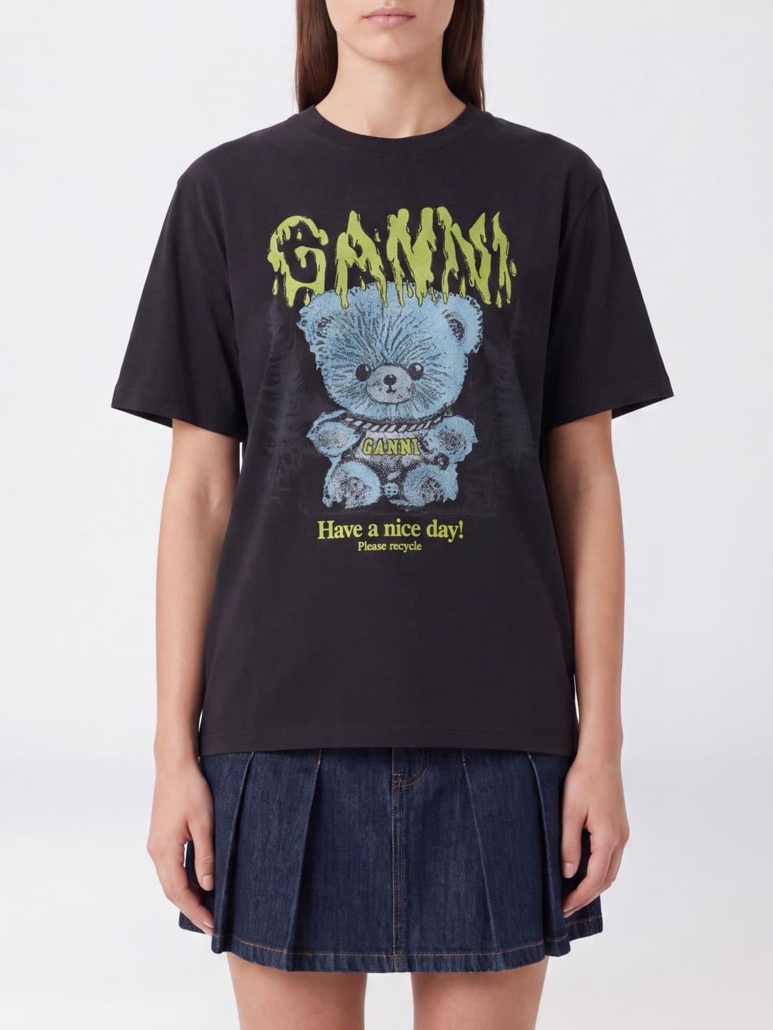 Ganni Teddy Bear Graffiti Logo Print Organic Cotton T-Shirt
