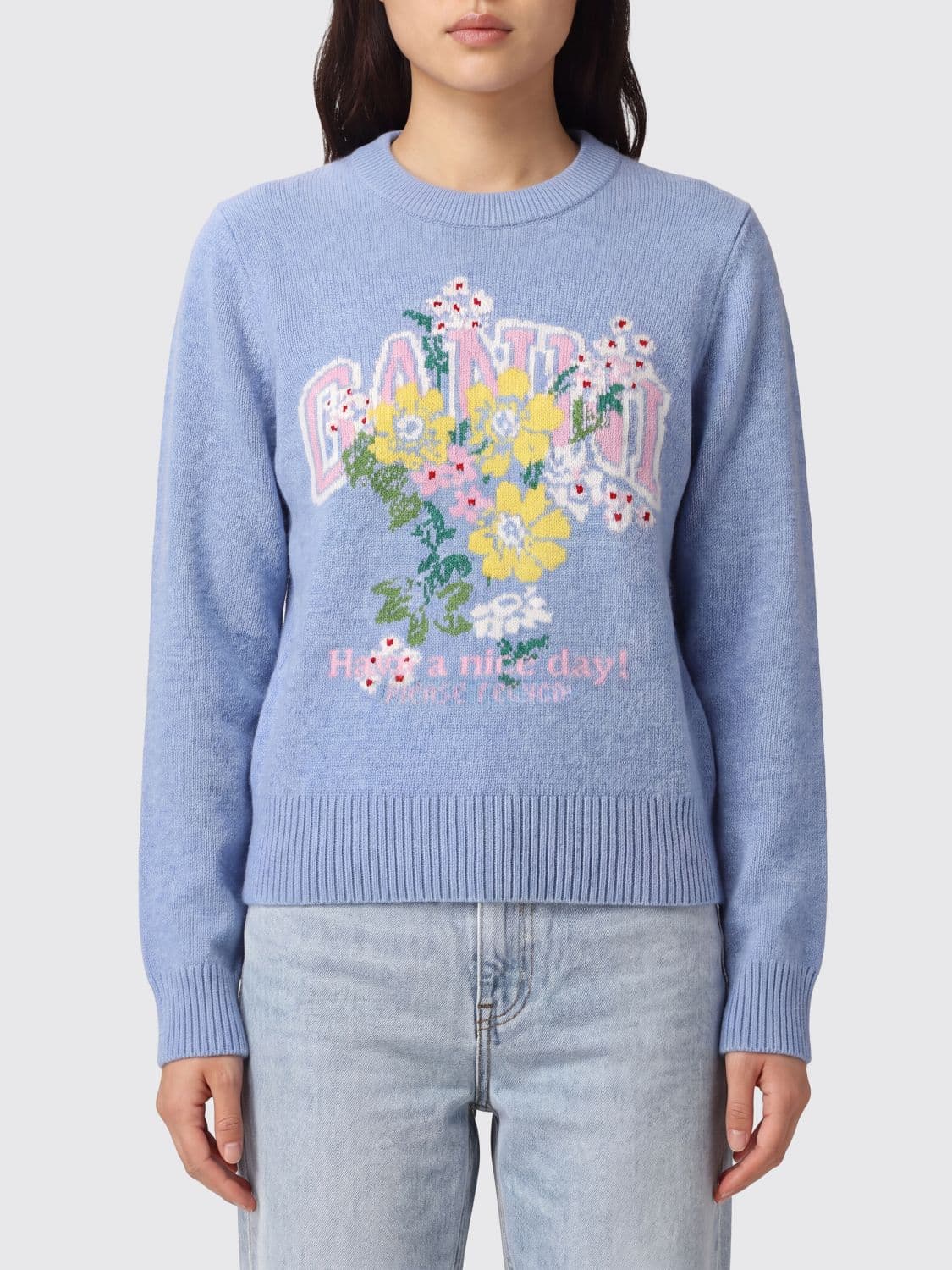 Ganni Recycled Wool-Blend Crewneck Jumper with Jacquard Logo