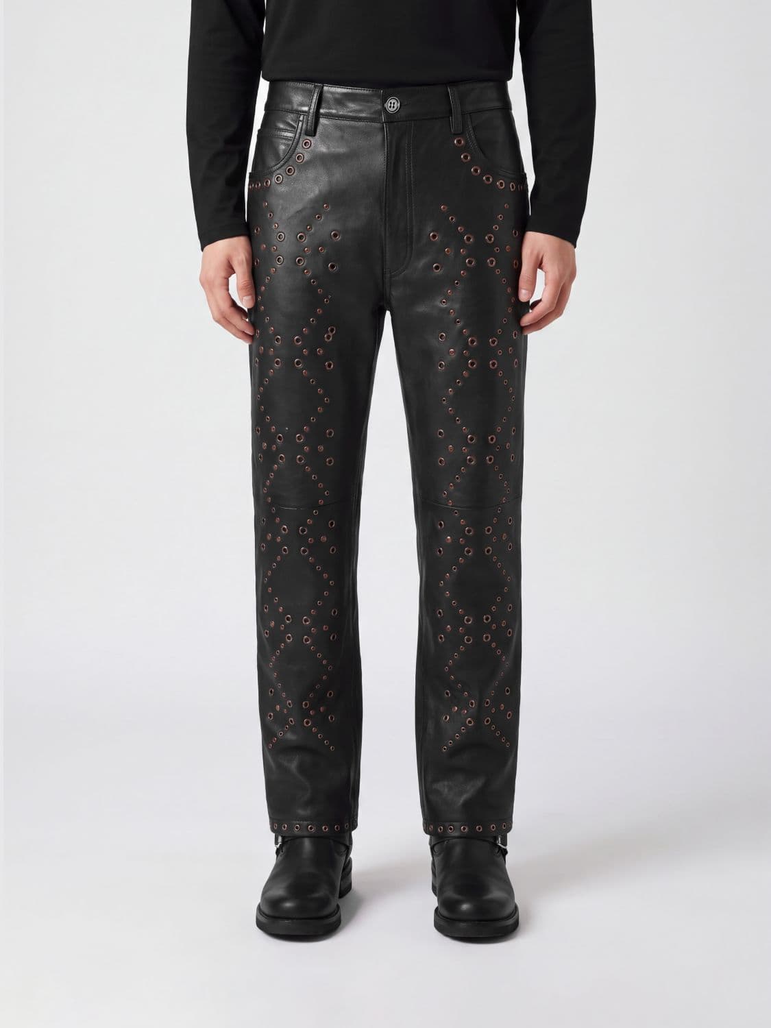 Marni Straight-Fit Sheepskin Leather Trousers with Diamond Embroidery and Studs
