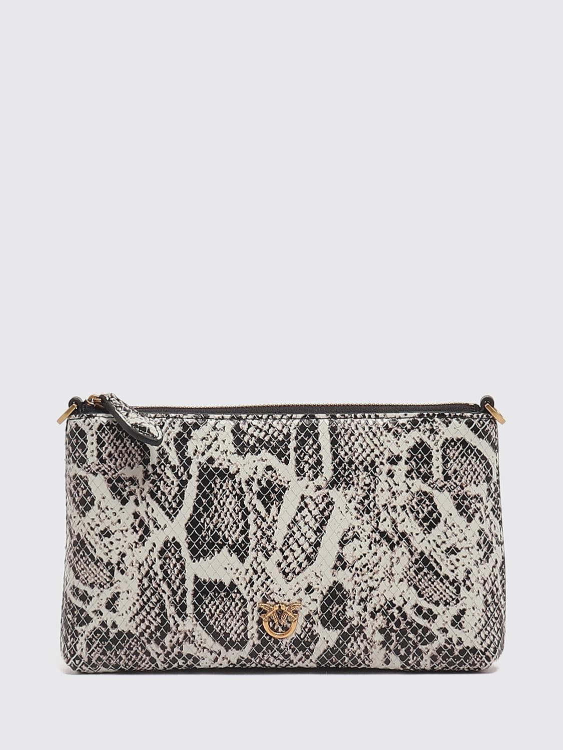 Pinko Horizontal Flat Python-Print Leather Clutch with Love Birds Logo
