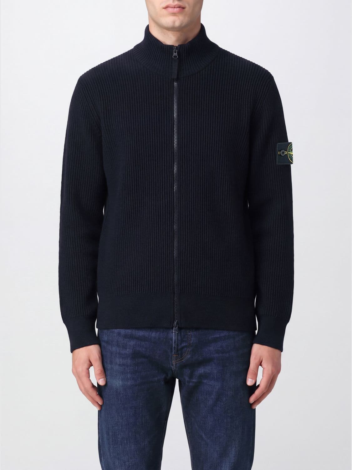 Stone Island Virgin Wool High-Neck Cardigan with Zip Closure · M