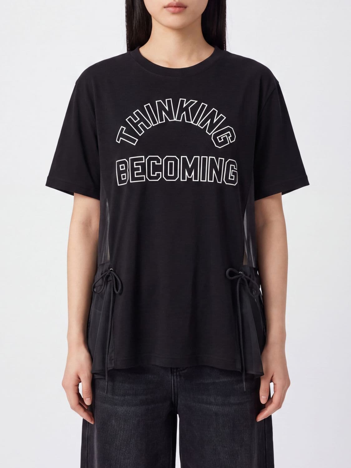 Sacai Cotton T-shirt with Chiffon Inserts and Drawstring Waist