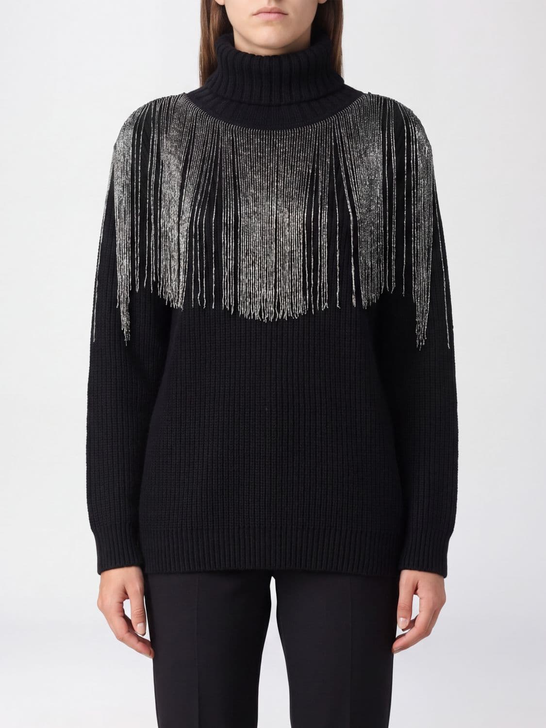 Pinko Wool Blend Turtleneck Jumper with Dropped Shoulders and Fringes