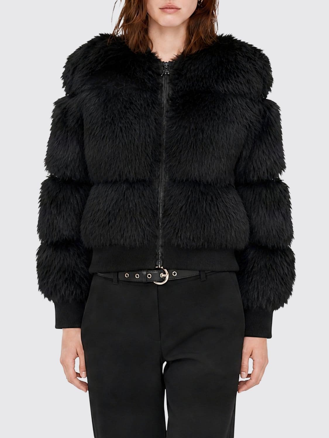 Patrizia Pepe Faux Fur Bomber Jacket with High Collar and Zip Closure