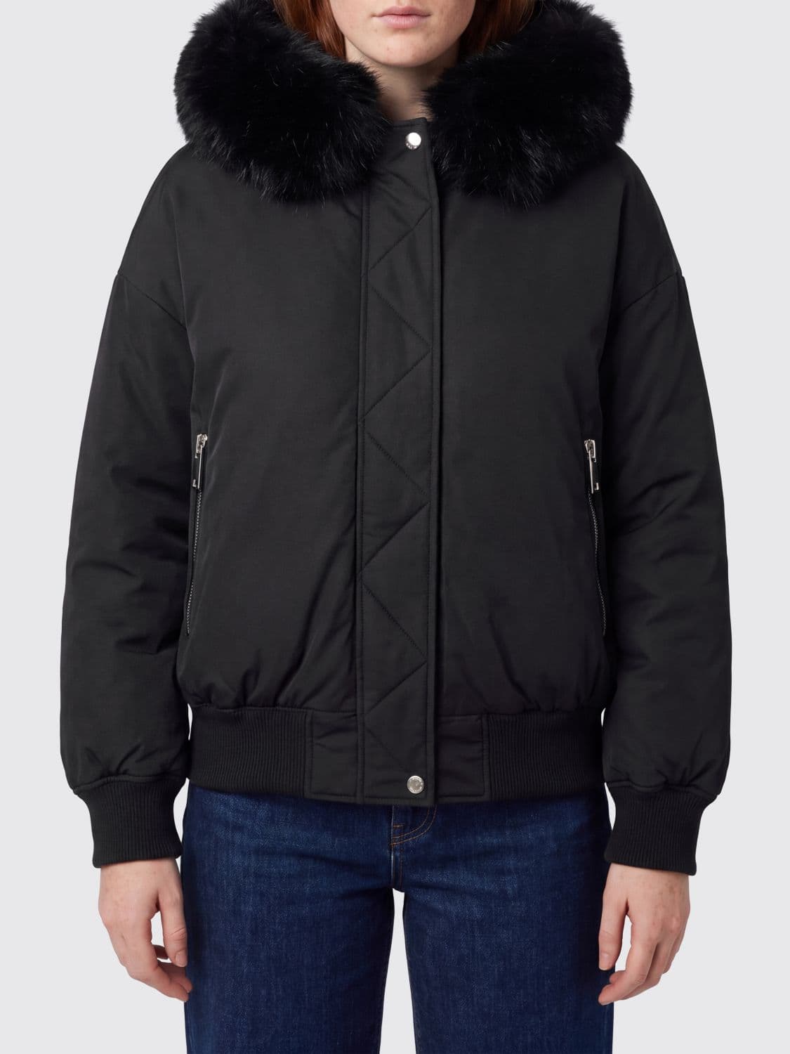 Michael Kors Satin Bomber Jacket with Hood and Fur Collar