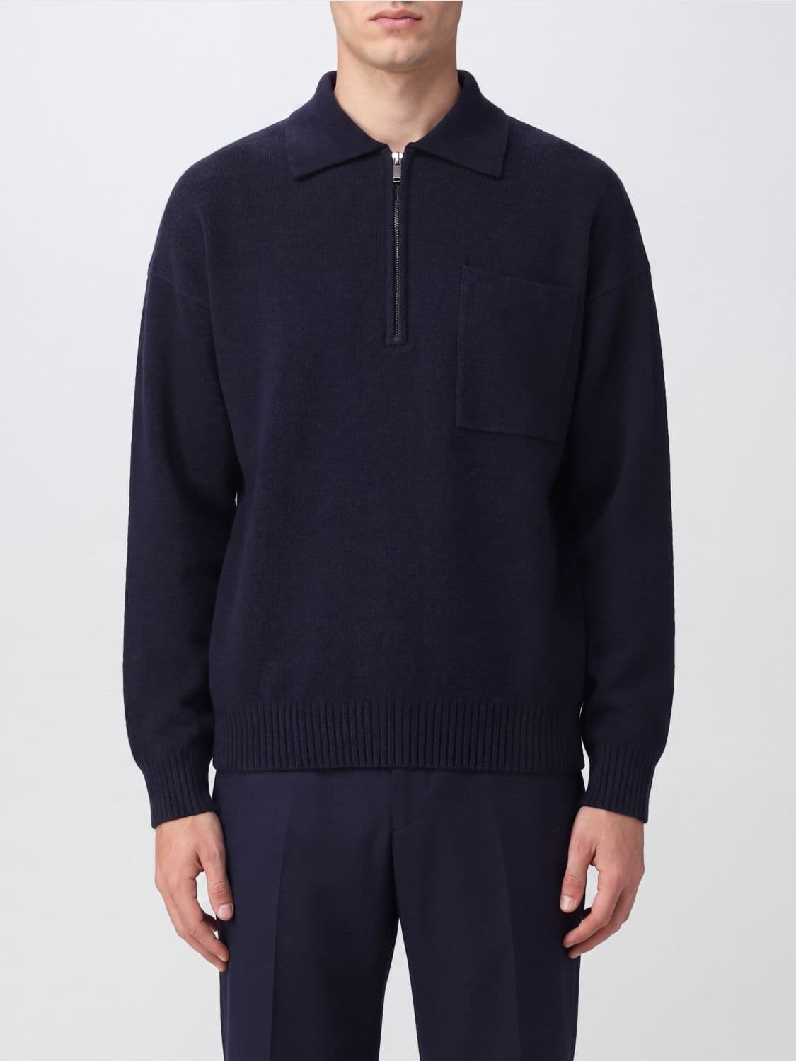 Roberto Collina Long-Sleeved Merino Wool Knit Polo Shirt with Zip