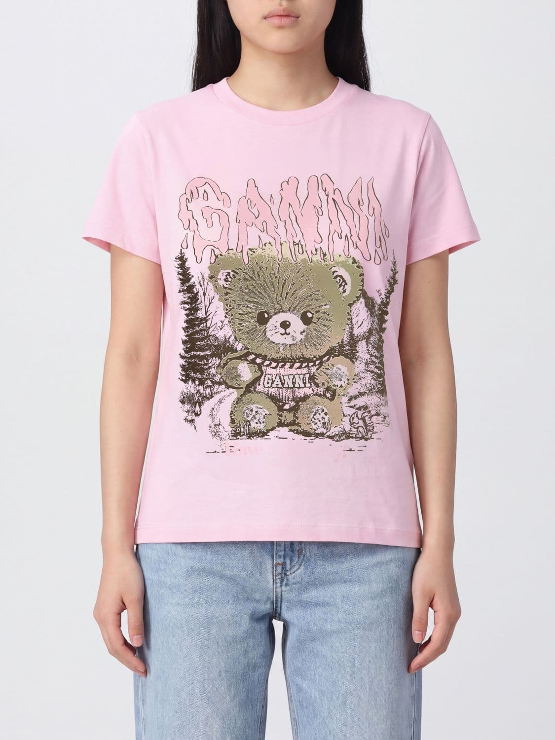 Ganni Short-Sleeved T-Shirt in Organic Cotton with Teddy Bear Print