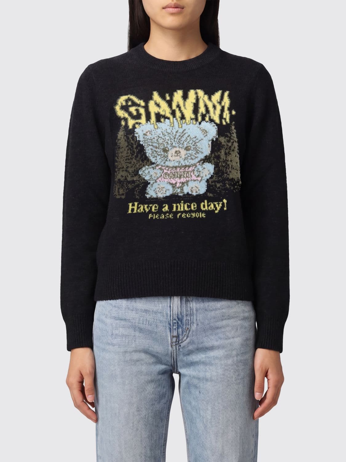 Ganni Crewneck Jumper in Recycled Wool Blend with Graphic Jacquard Logo
