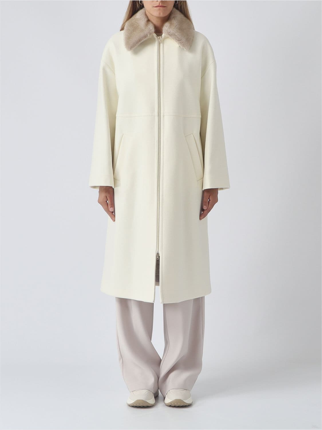 Herno Knee-Length Single-Breasted Wool Blend Coat with Fur Collar