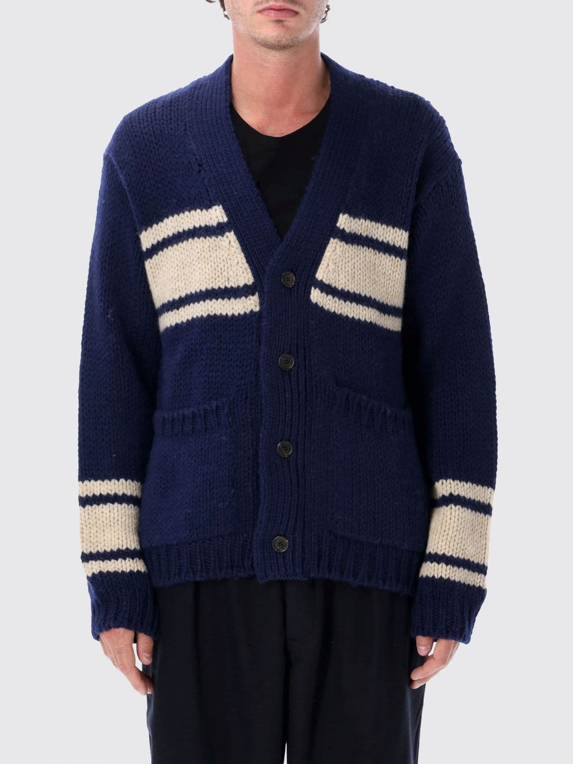 Universal Works Relaxed Fit Striped Wool V-Neck Cardigan
