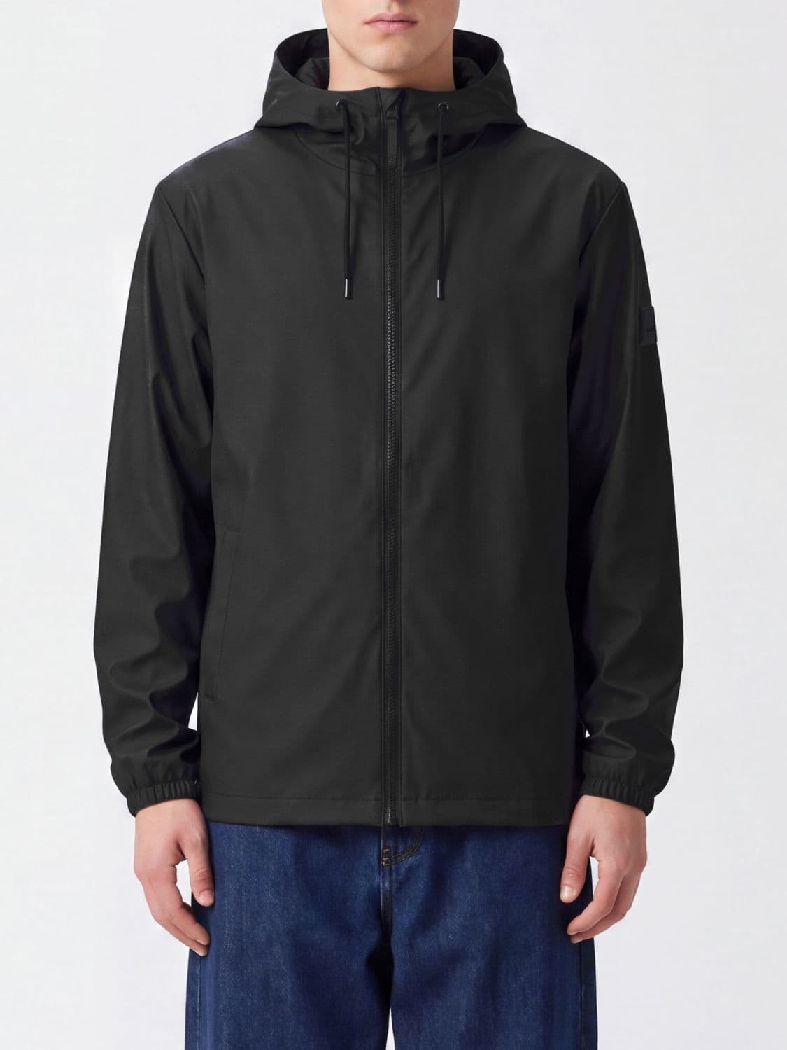 Rains Hooded Windbreaker Jacket in Polyester with High Neck and Zip Closure