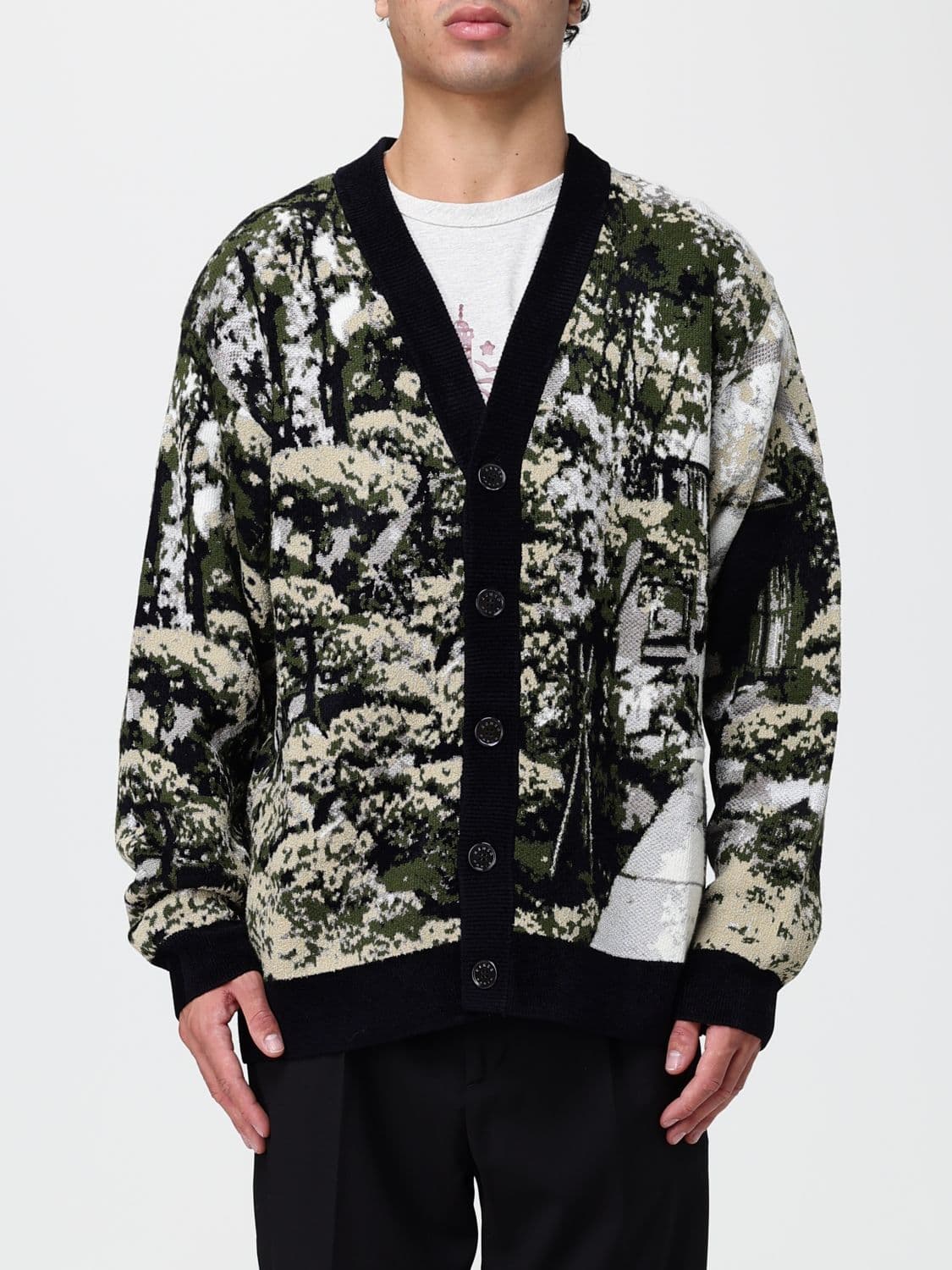 Kenzo V-Neck Cardigan in a Wool Blend with an All-Over Graphic Print