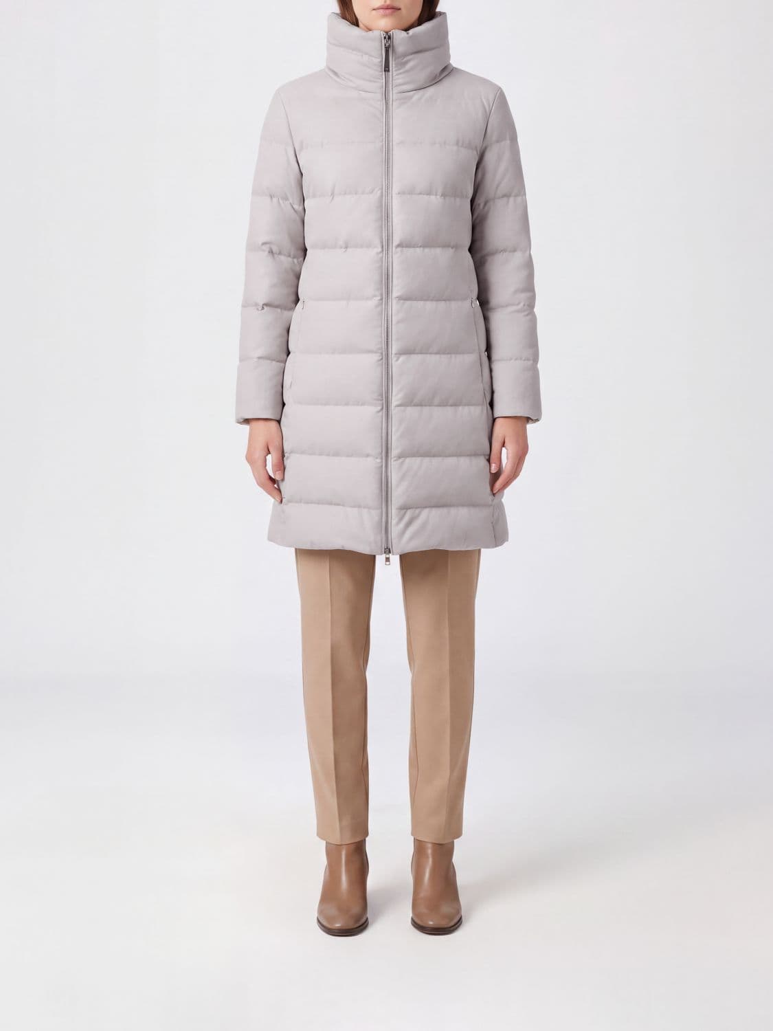 Herno Knee-Length Quilted Down Jacket in Wool and Silk with a High Neck