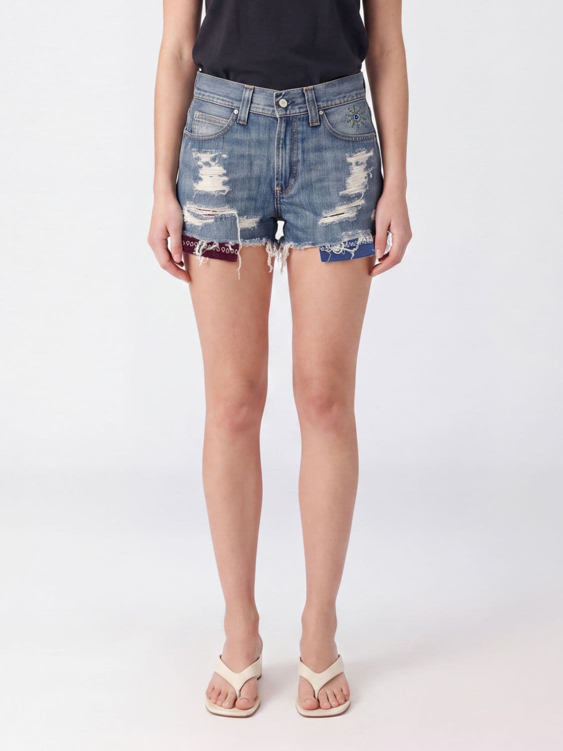 Htc Los Angeles Mid-Rise Studded Denim Shorts with Bandana Embroidery