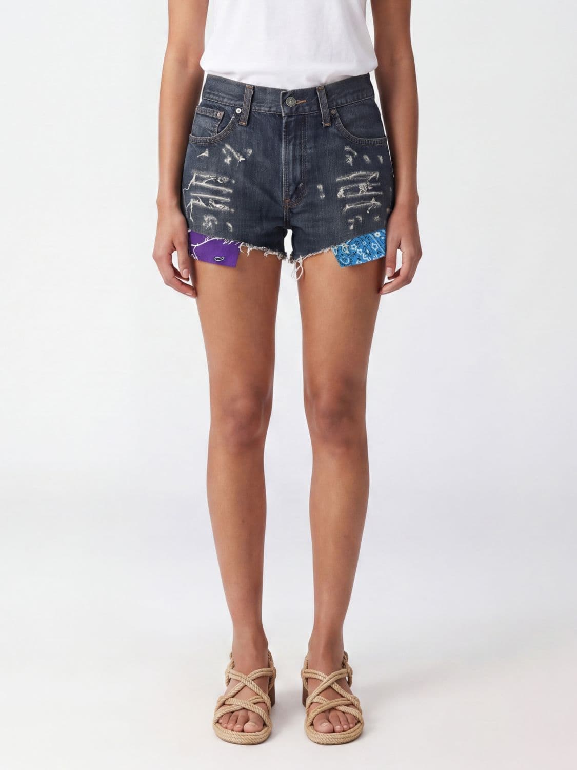 Htc Los Angeles Mid-Rise Distressed Denim Shorts with Bandana Motif · 25