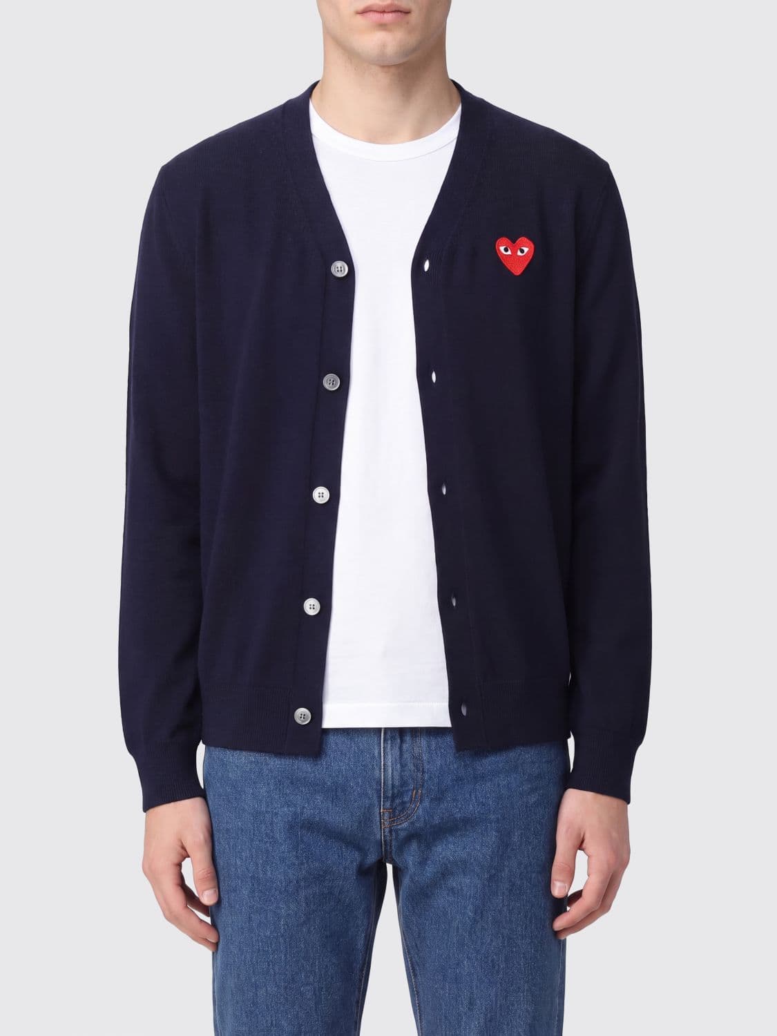 Comme Des Garçons Play V-Neck Wool Cardigan with an Embroidered Logo