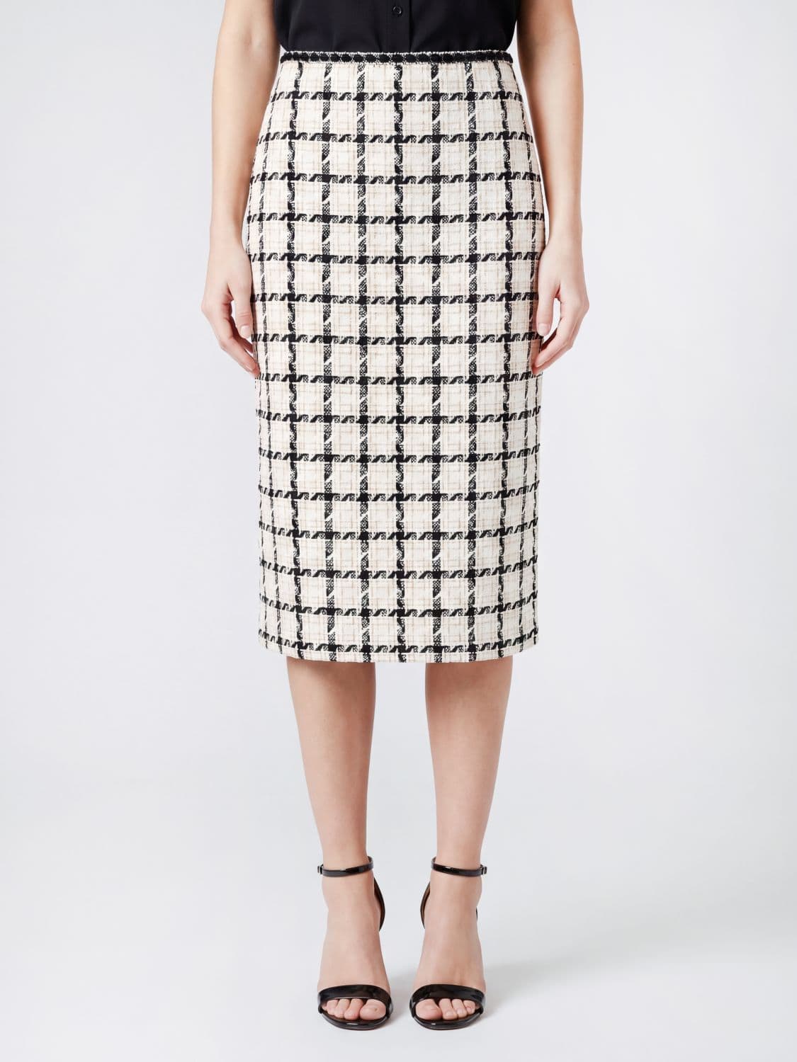 Twinset High-Waisted Midi Pencil Skirt in Check Tweed with a Back Slit