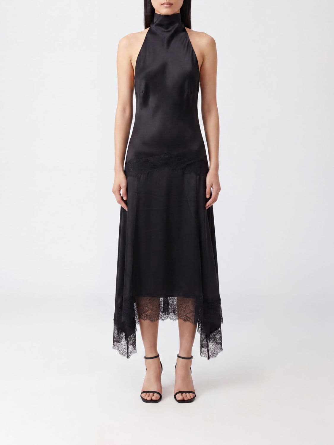 The Andamane Tish Asymmetrical Satin Midi Dress with Halter Neck and Lace