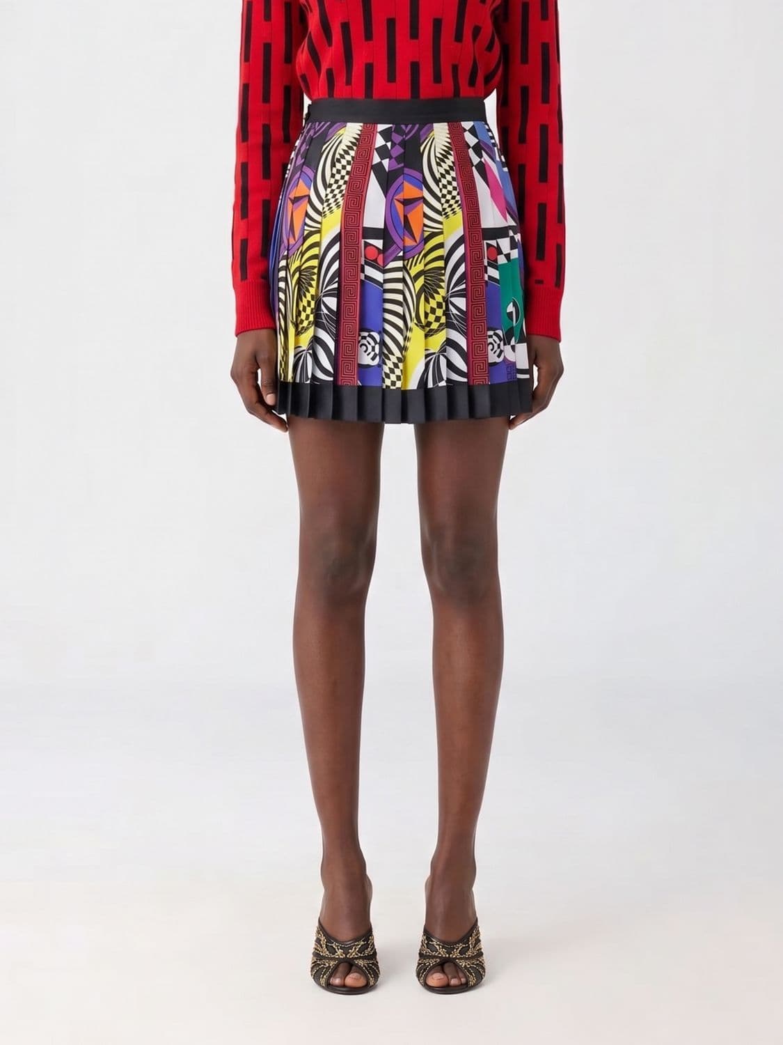 Versace High-Waisted Pleated Cotton-Blend Mini Skirt with Optical Print