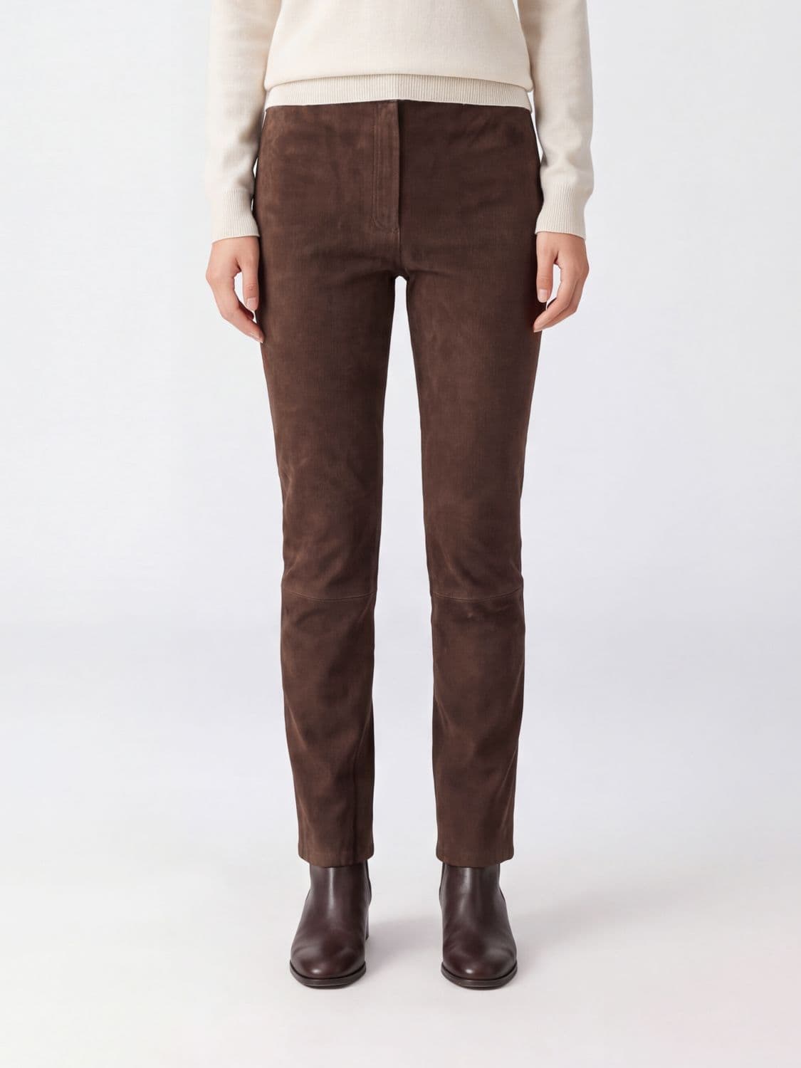 Arma High-Waisted Skinny Trousers in Suede Lambskin with Back Welt Pockets