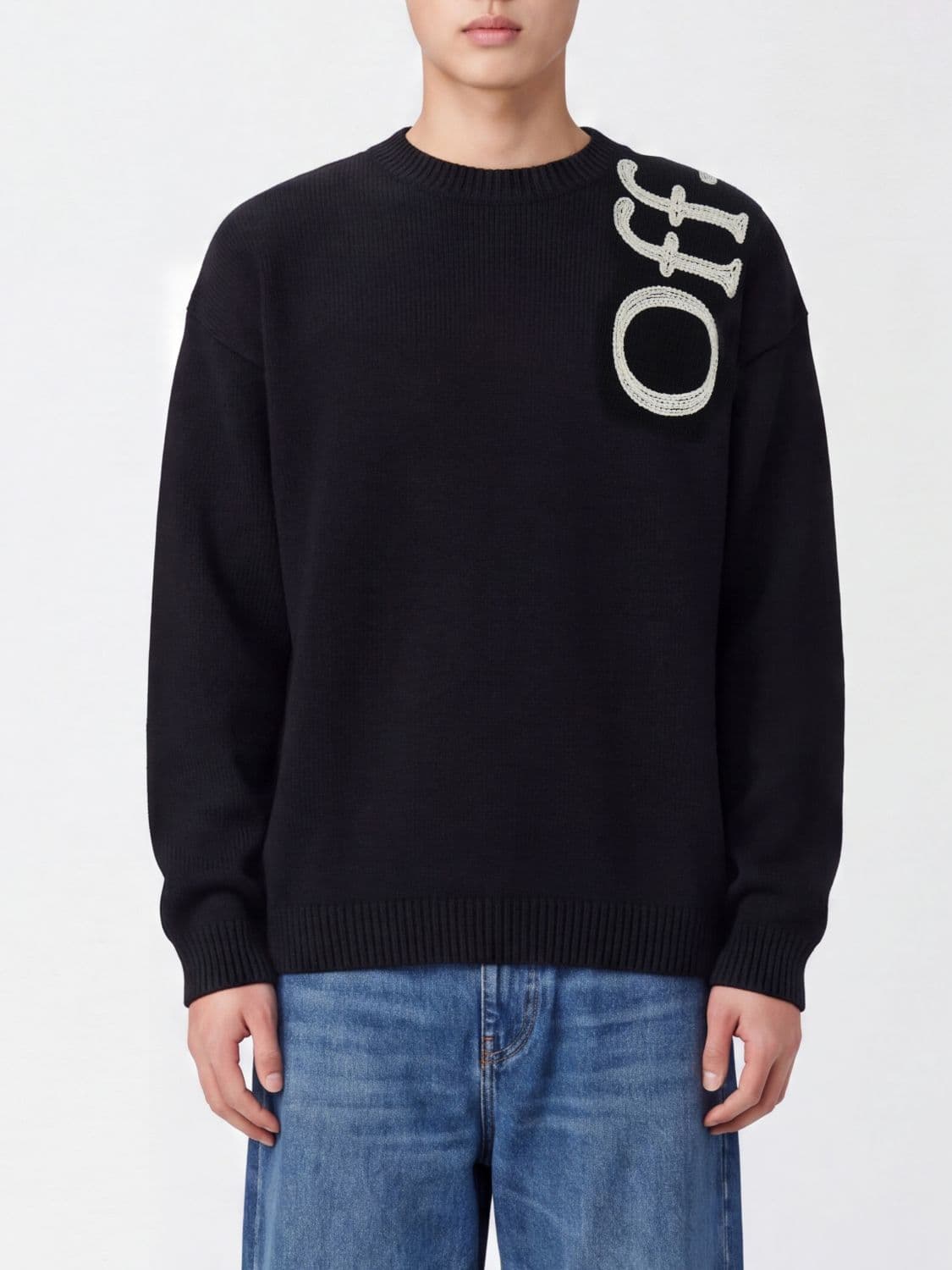 Off-White Crewneck Jumper in Modal and Silk Blend with Embroidered Logo