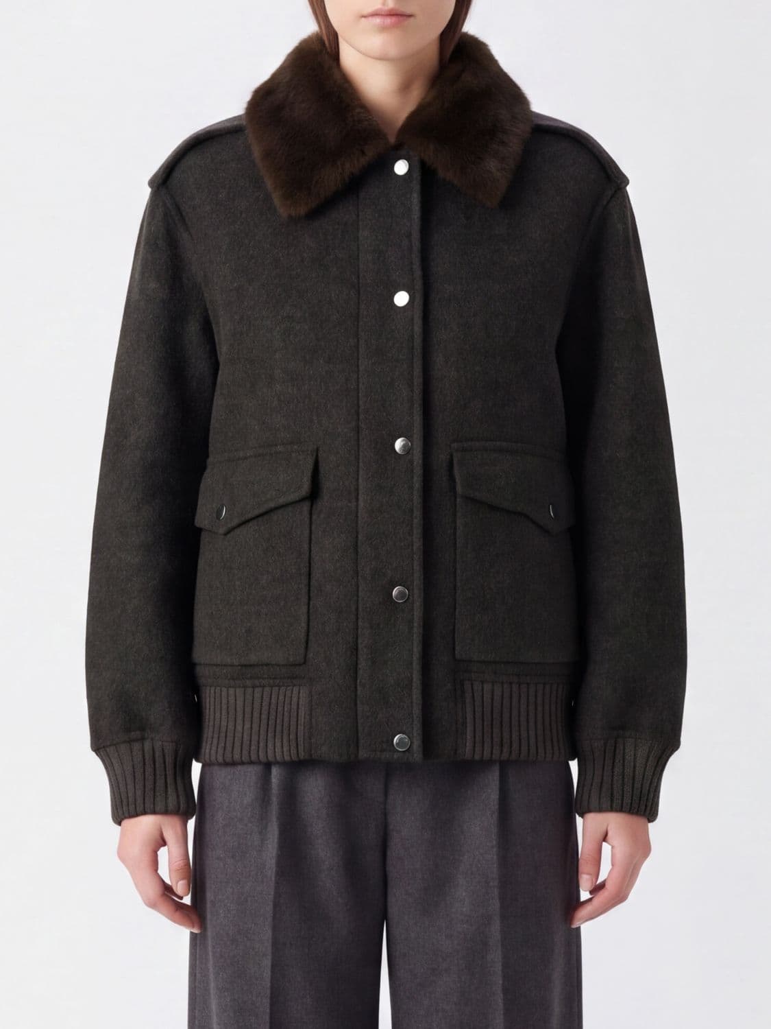 Parosh Pure Wool Bomber Jacket P. A.R. O.S. H. with Fur Collar and Epaulettes