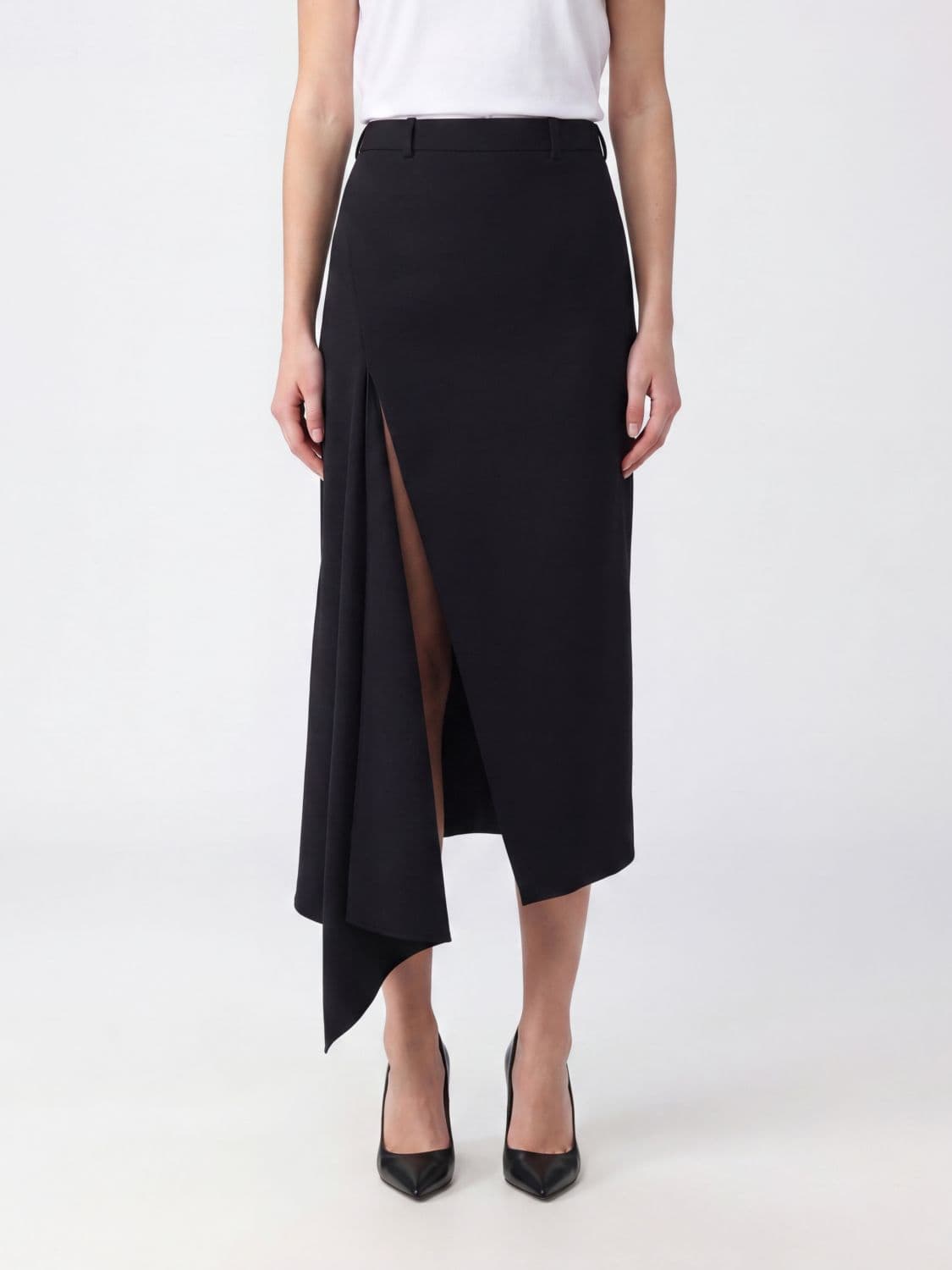 Givenchy High-Waisted Asymmetric Wool Midi Skirt with Front Slit