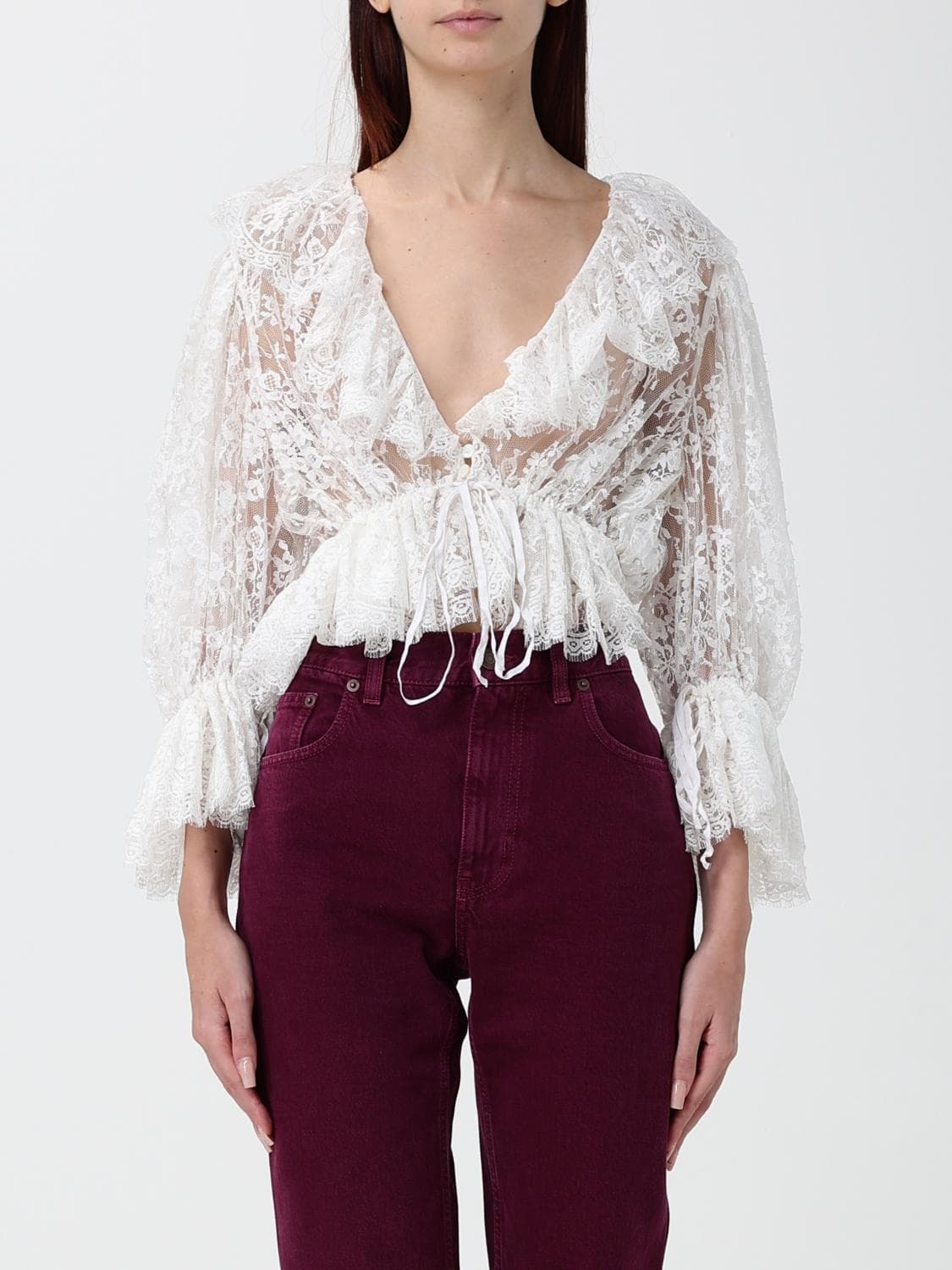 Chloé Draped Lace Cropped Blouse with Deep V-Neck and Flared Sleeves