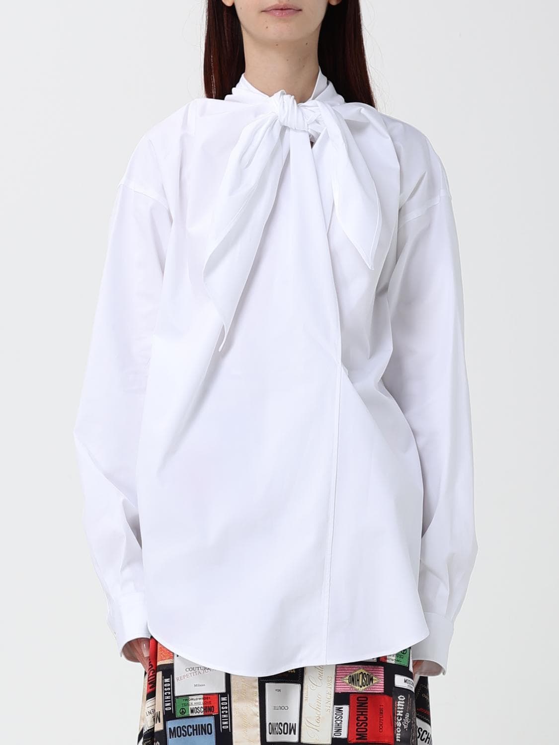 Moschino Couture Pussy-Bow Stretch Cotton Blouse with Dropped Shoulders